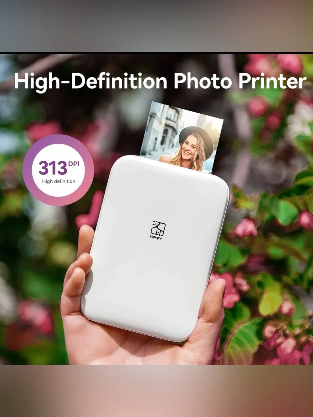 Portable White Photo Printer with 50 Sheets Photo Paper